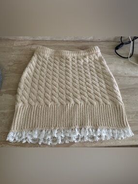 For Love And Lemons Cream Cable-Knit Scoop Neck Sweater with Lace Hem